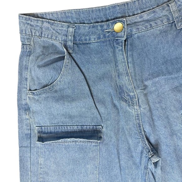 Womens Cargo Jeans Size XL Blue Wide Leg High Rise Multiple Pockets - Picture 6 of 15